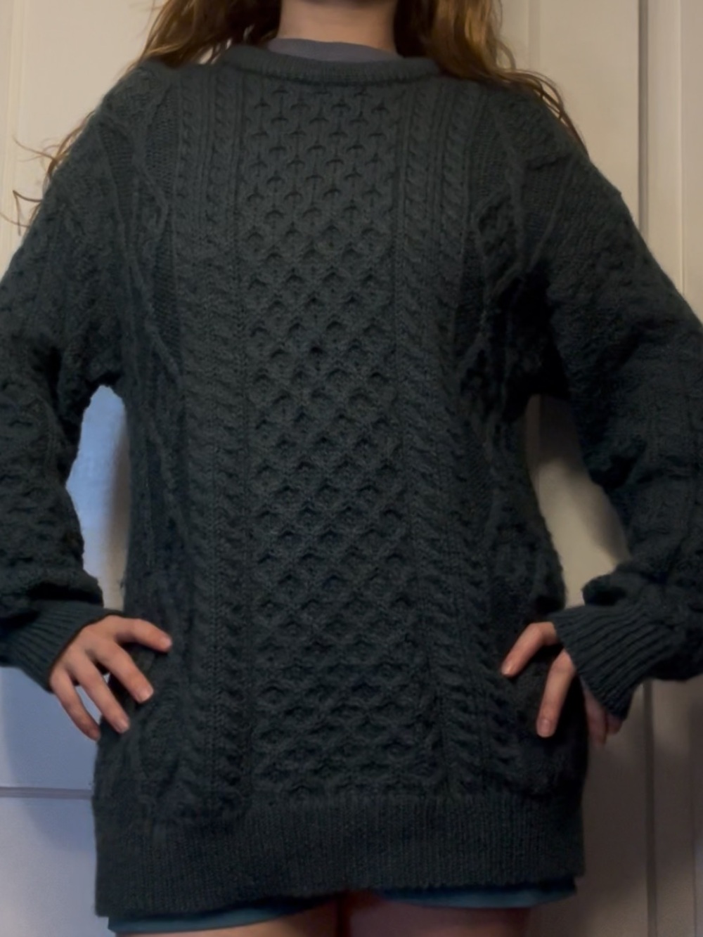 Aran Sweater Market Traditional Crew Neck Aran Sweater Gray & Blue Large